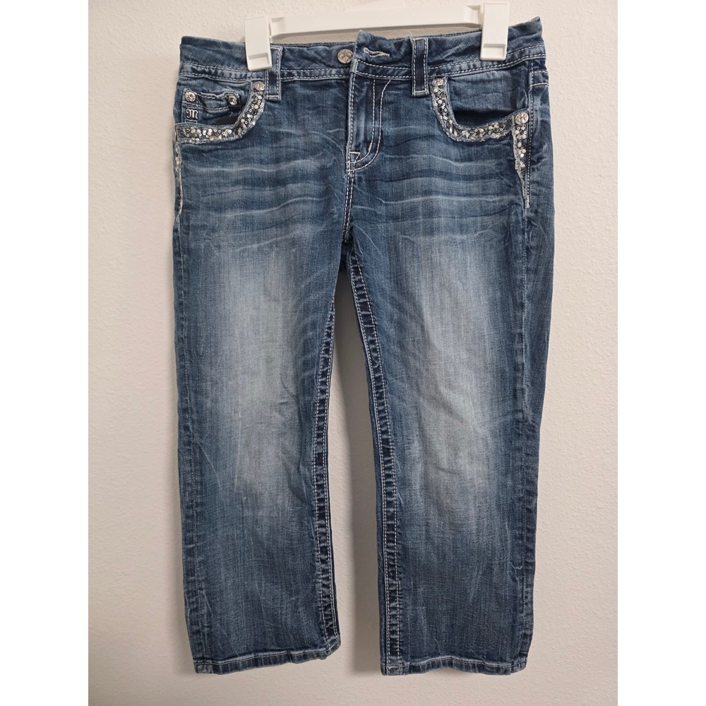 Miss Me Mid-Rise Easy Crop Jeans 29 Medium Wash Embellished Pockets Blue Denim